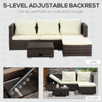 Outsunny 3 Pieces Rattan Garden Furniture Sofa Set, 4 Seater Garden Corner Sofa with 5-Level Reclining Sun Lounger and Storage Coffee Table, Outdoor Furniture Conservatory Set with Cushions, Brown