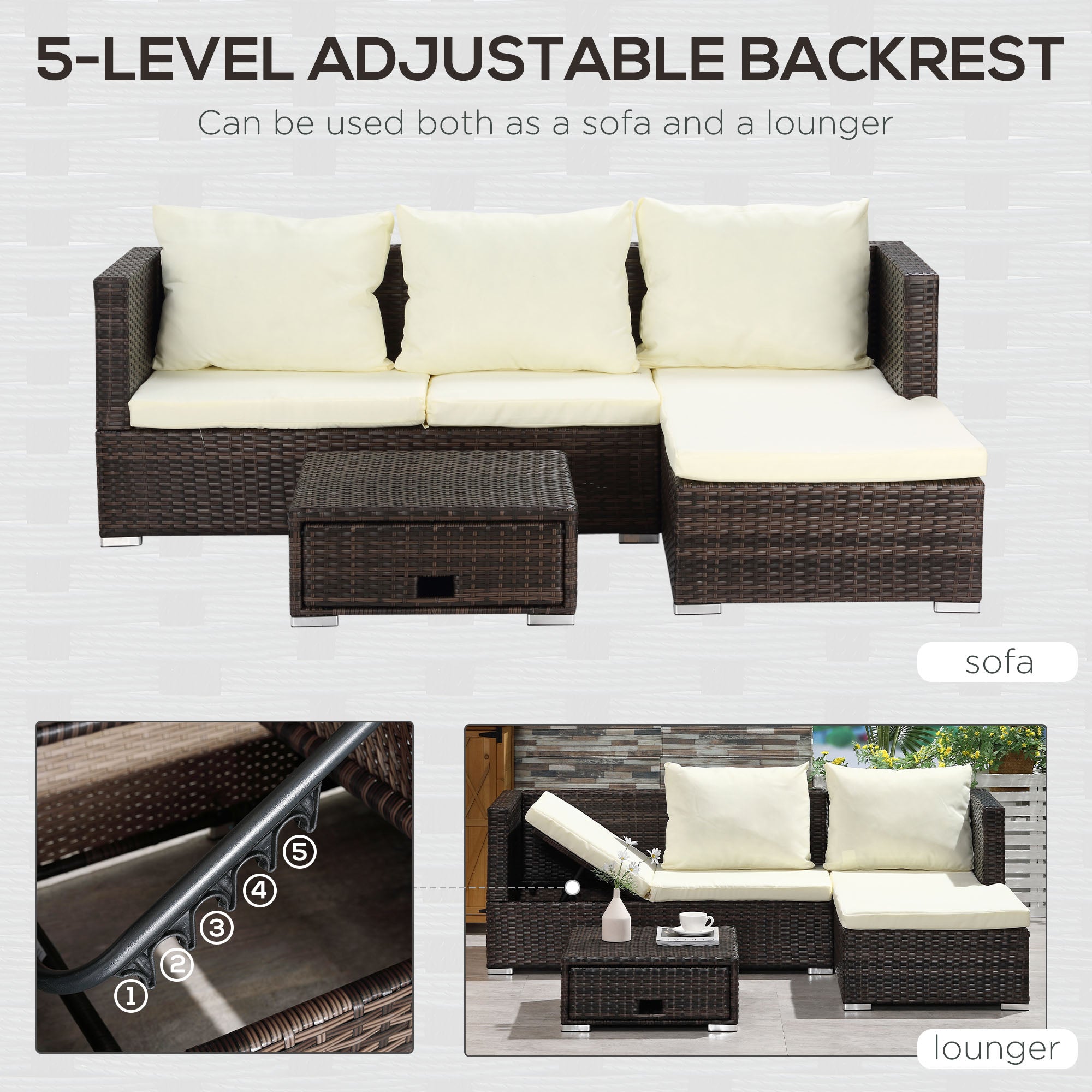Outsunny 3 Pieces Rattan Garden Furniture Sofa Set, 4 Seater Garden Corner Sofa with 5-Level Reclining Sun Lounger and Storage Coffee Table, Outdoor Furniture Conservatory Set with Cushions, Brown