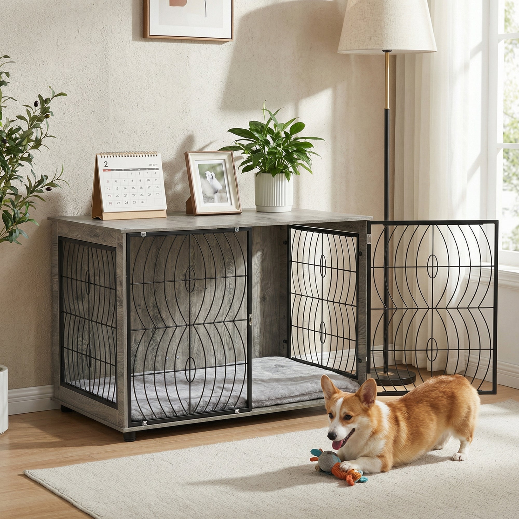 PawHut 46.46'' Dog Crate Furniture End Table w/ Plush Washable Cushion, Lockable Door, for Extra Large Dogs