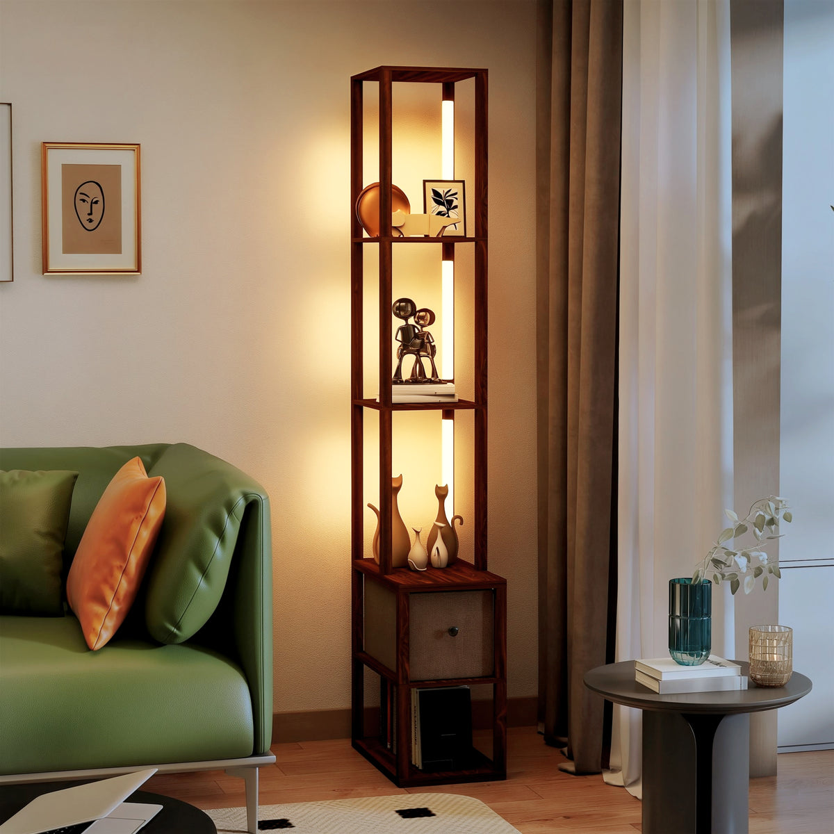 Floor Lamp with Shelves, LED Column Modern Standing Lamp with Fabric Drawer, Adjustable Brightness, Foot Switch for Living Room, Bedroom, Office, Dark Brown
