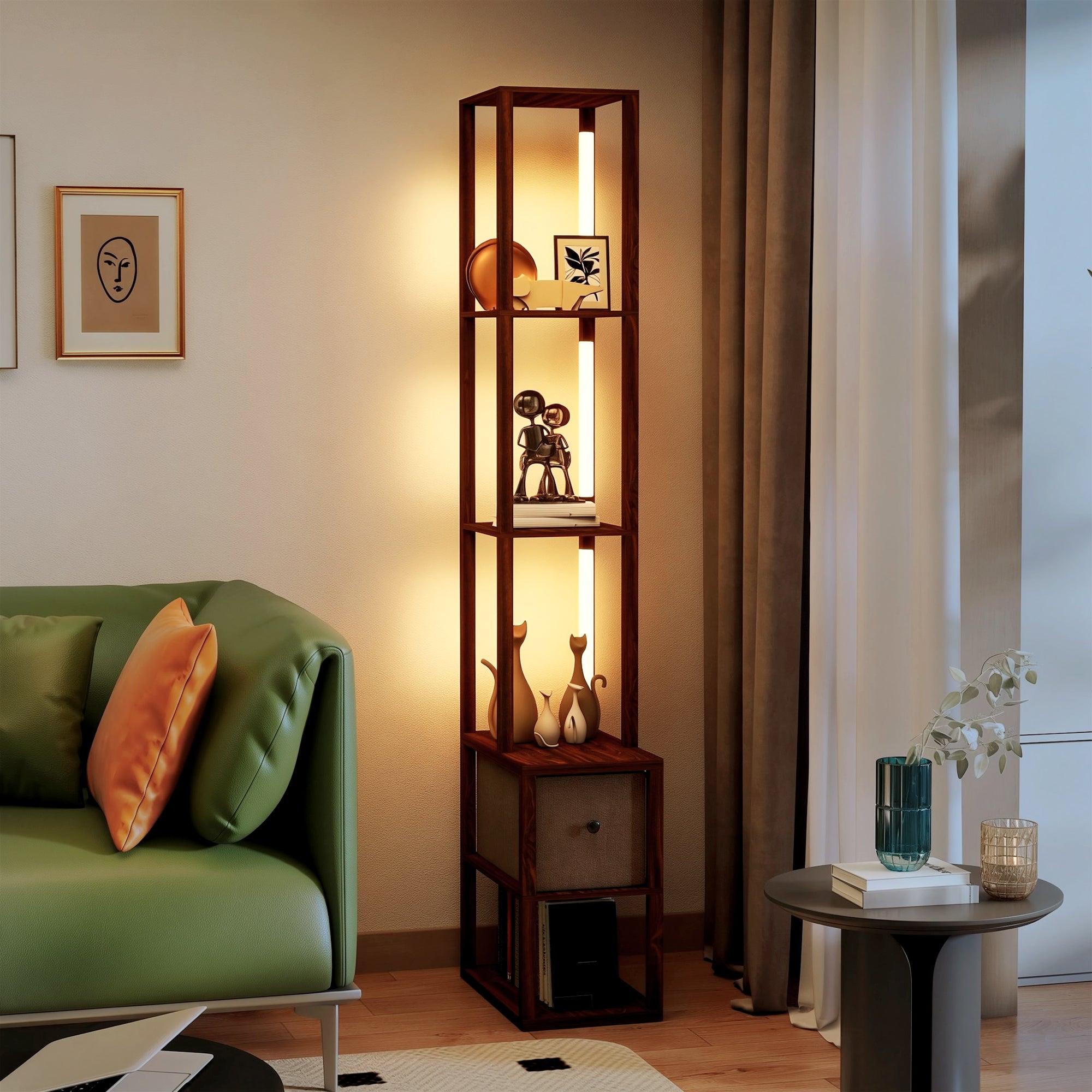 Floor Lamp with Shelves, LED Column Modern Standing Lamp with Fabric Drawer, Adjustable Brightness, Foot Switch for Living Room, Bedroom, Office, Dark Brown
