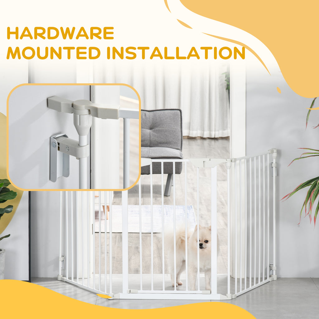 PawHut Pet Safety Gate, 3 Panels Playpen Fireplace, Foldable Metal Fence, Stair Barrier, Room Divider, Fire Guard w/ Automatic Closing Door, White