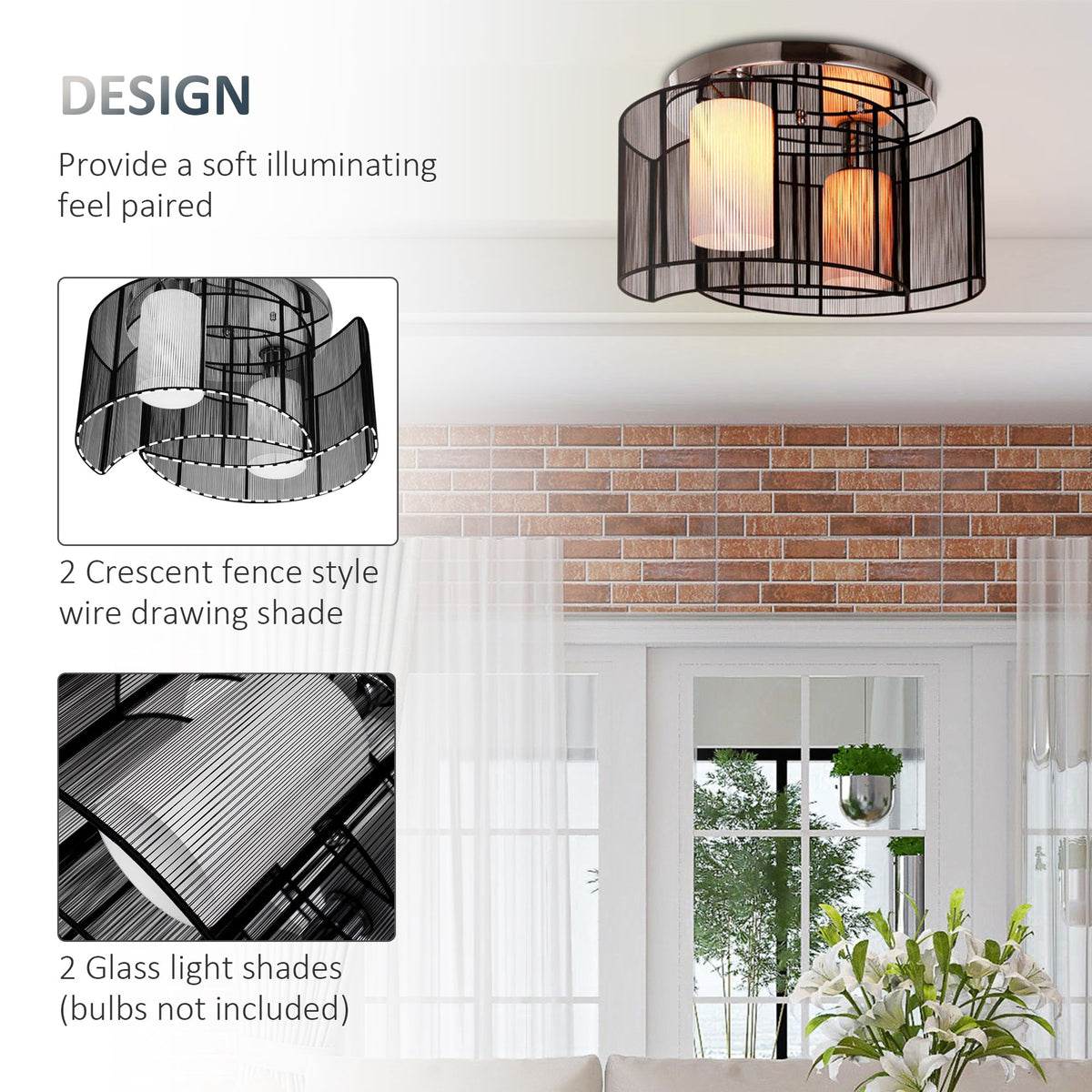 Modern Chandelier, Semi-Flush Mount Ceiling Light with Glass Lampshade, 2 x E27 Bulb Base for Hallway, Dining Room, Living Room, White and Black