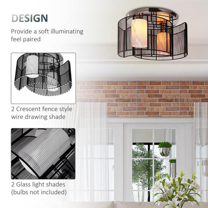 Modern Chandelier, Semi-Flush Mount Ceiling Light with Glass Lampshade, 2 x E27 Bulb Base for Hallway, Dining Room, Living Room, White and Black