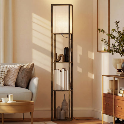 3-Tier Floor Lamp with Shelves and Storage, Modern Corner Standing Lamp with Lampshade, Reading Light with Foot Switch for Living Room, Bedroom, Home Office, Bulb not Included, Brown