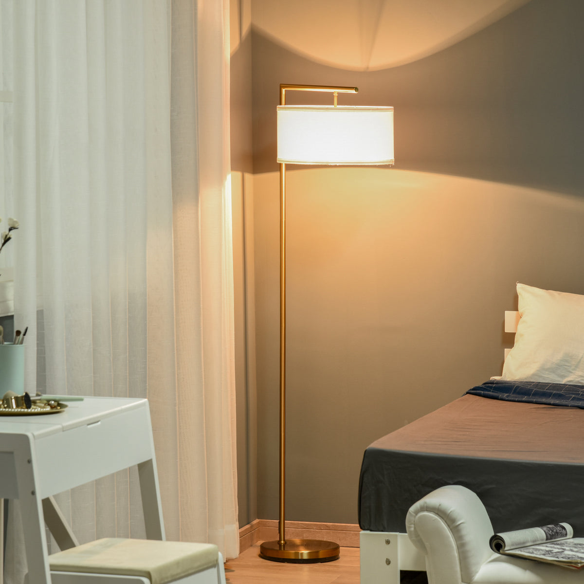 Floor Lamp, Modern Standing Lamp with Linen Lampshade, Round Base for Living Room, Bedroom, Dining Room, 153cm, Gold Tone and White