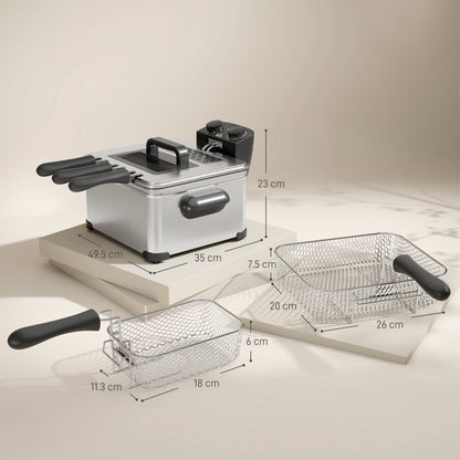 5 Litre Deep Fat Fryer Stainless Steel with Adjustable Temperature, 60min Timer, Removable Oil Basket, Viewing Window and Safety Cut Out, 2000W