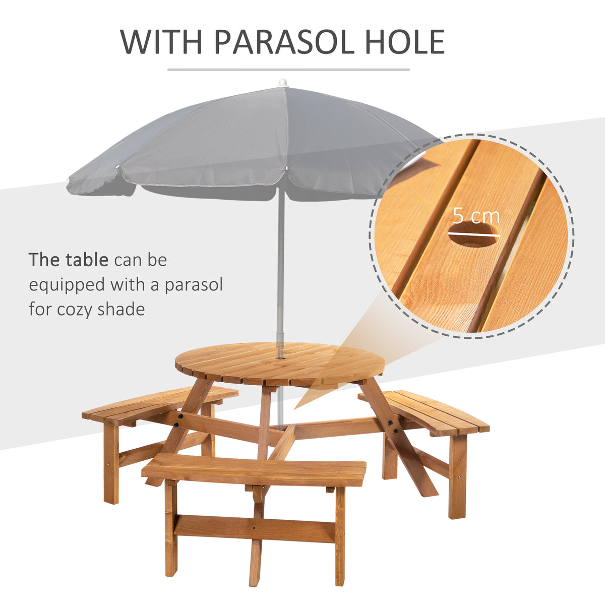 Outsunny Wooden Garden Dining Set, 6 Seater Round Dining Picnic Table with Matching Bench, Garden Furniture Set with Parasol Hole for Outdoor Patio Party and Family Gatherings, Brownish Red