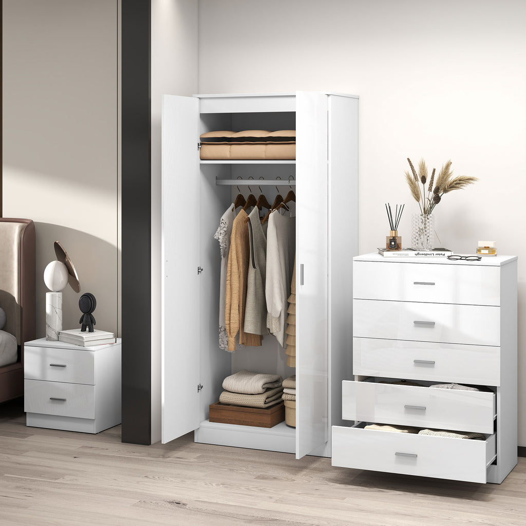 High Gloss 3 Piece Trio Bedroom Furniture Set Wardrobe + Chest Of Drawer + Bedside White