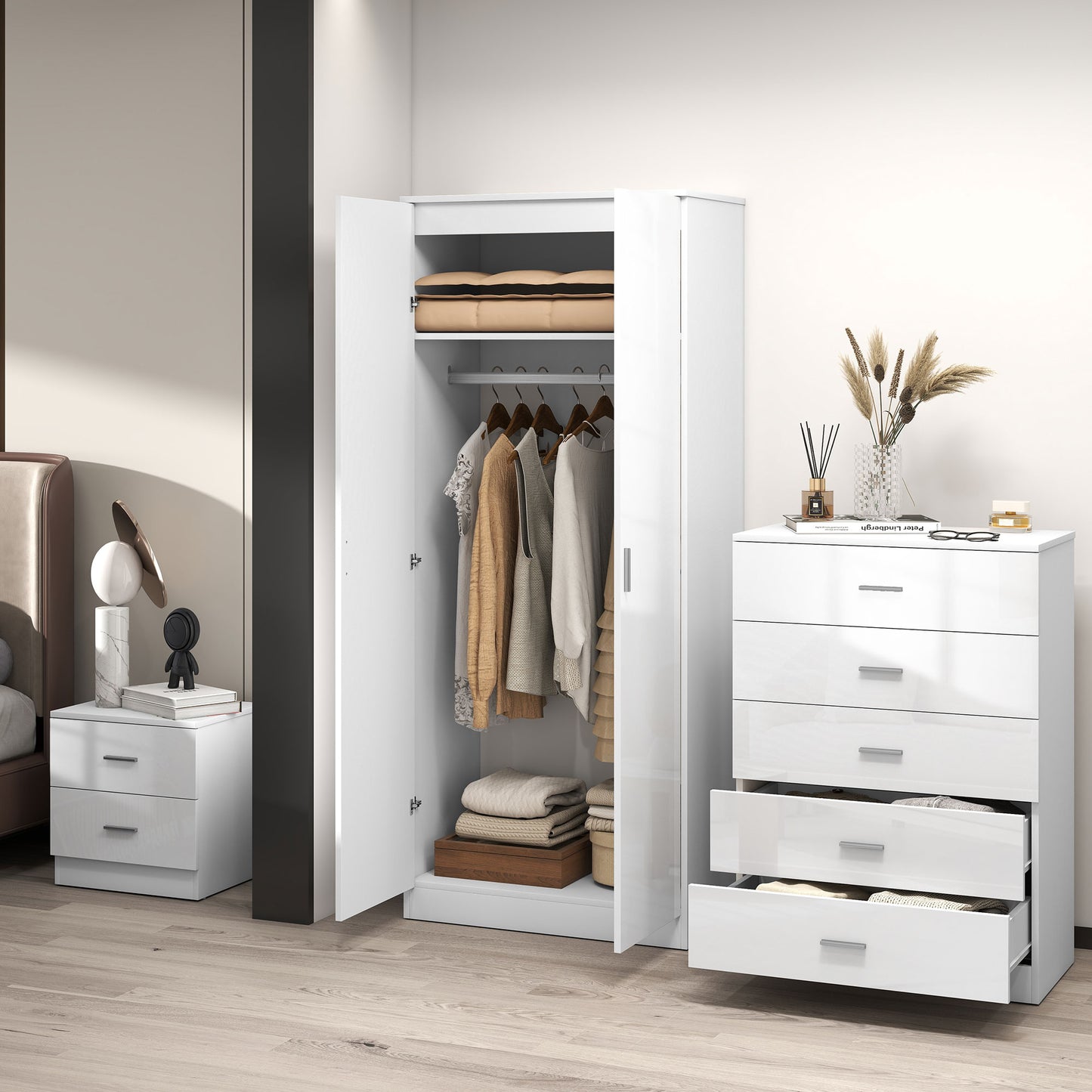High Gloss 3 Piece Trio Bedroom Furniture Set Wardrobe + Chest Of Drawer + Bedside White