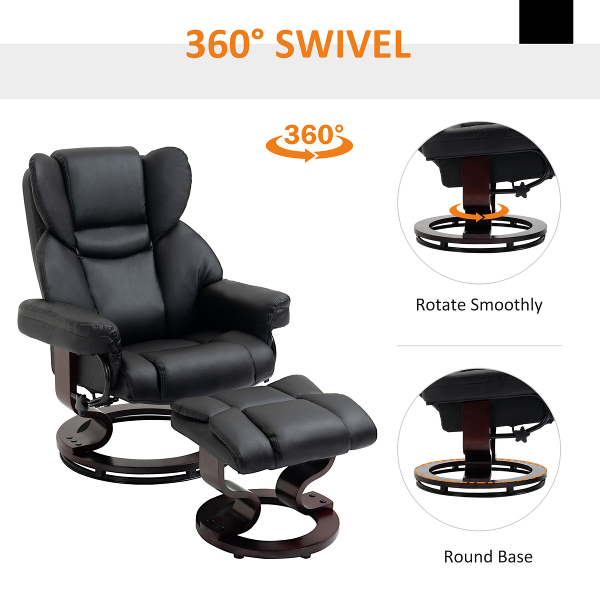 360° Swivel Recliner Chair with Footstool, PU Leather Manual Recliner Armchair with Footstool, Solid Wood Base, Upholstered Reclining Chair for Living Room, Bedroom, Office, Black