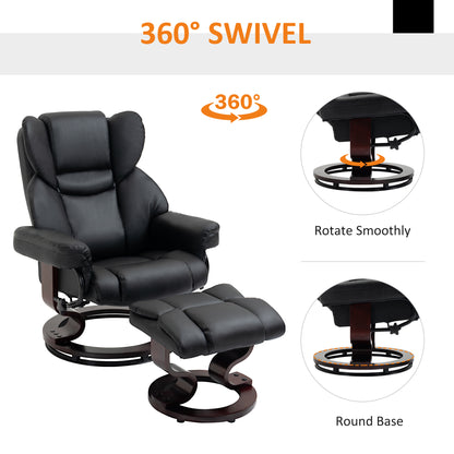 360° Swivel Recliner Chair with Footstool, PU Leather Manual Recliner Armchair with Footstool, Solid Wood Base, Upholstered Reclining Chair for Living Room, Bedroom, Office, Black