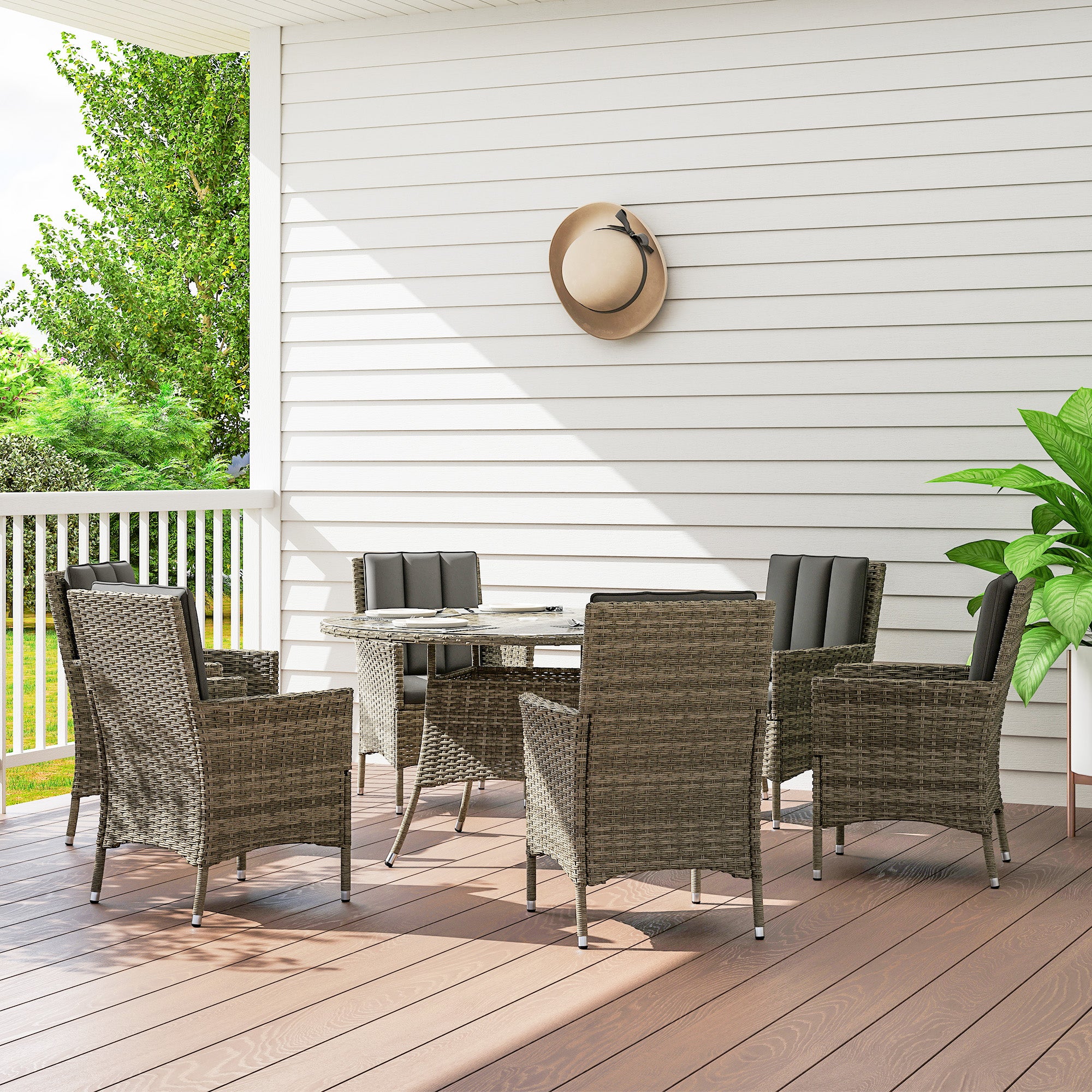 Outsunny Seven-Piece Rattan Dining Table, with Round Glass-Top Table - Light Grey