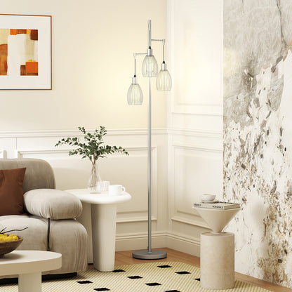 3-Light Floor Lamp, 170cm Industrial Dimmable Standing Lamp with Steel Wire Cage Lampshades for Living Room, Bedroom, Dining Room, Study, Bulb Not Included, Silver Tone
