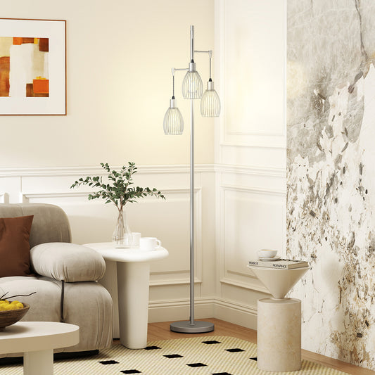 3-Light Floor Lamp, 170cm Industrial Dimmable Standing Lamp with Steel Wire Cage Lampshades for Living Room, Bedroom, Dining Room, Study, Bulb Not Included, Silver Tone