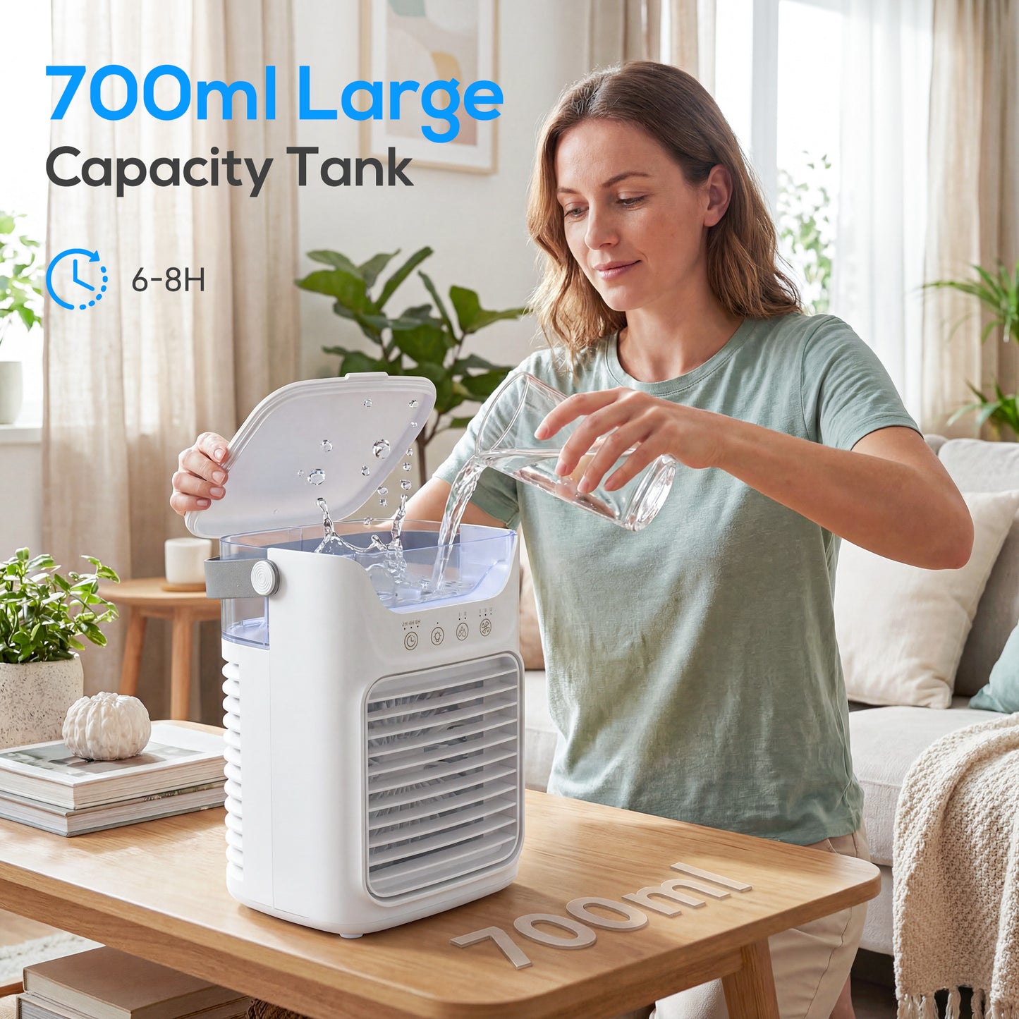 Air Cooler with Adjustable Head, Portable Air Conditioner with 3 Wind Speed, 2 Cool Mist, RGB Light, White