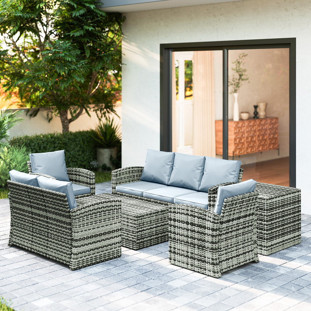 Outsunny 6 Pieces Rattan Garden Furniture Set, 7 Seater Wicker Outdoor Furniture Set with Storage Tea Table & Side Table, Sectional Garden Sofa Set with Cushions, Grey