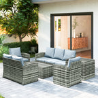 Outsunny 6 Pieces Rattan Garden Furniture Set, 7 Seater Wicker Outdoor Furniture Set with Storage Tea Table & Side Table, Sectional Garden Sofa Set with Cushions, Grey