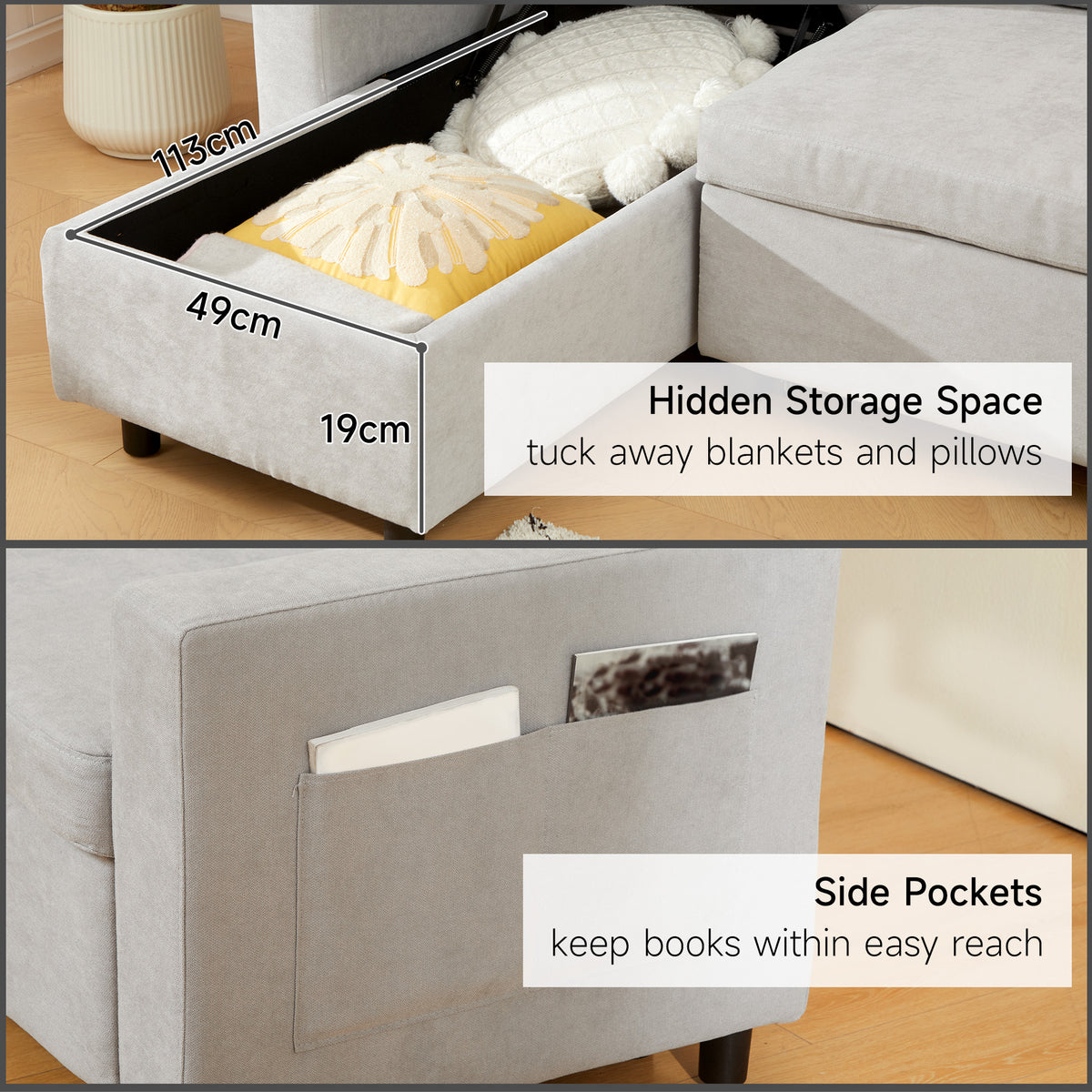 Pull Out Sofa Bed with Storage - Light Grey