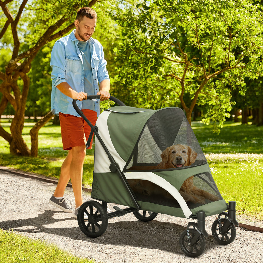 PawHut Foldable Pet Stroller for Large Dogs with Four Big Wheels, Shock-Absorbing Frame, Safety Leashes, Brakes, Dark Green