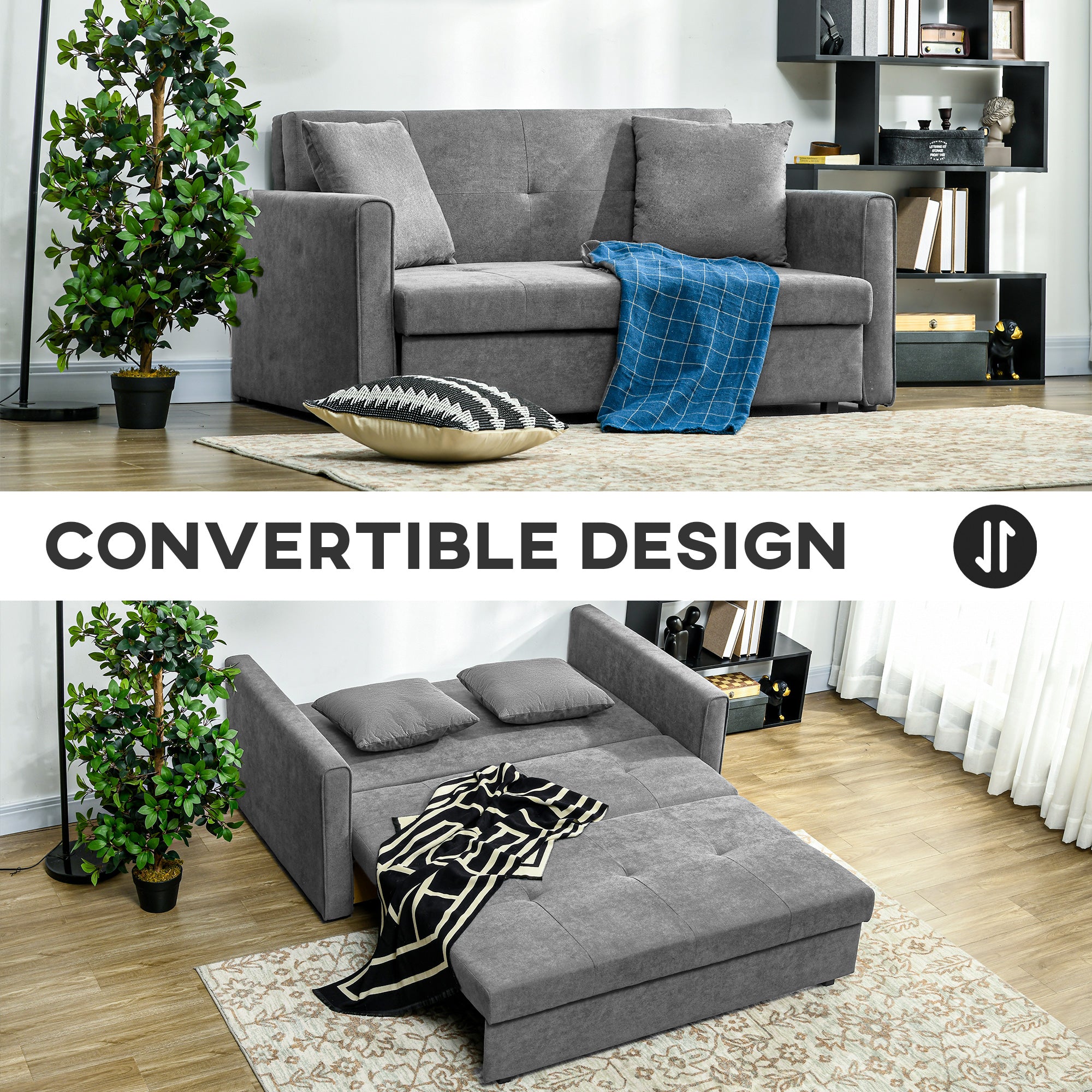 HOMCOM Snow Flannel Two-Seater Sofa Bed, with Storage - Grey