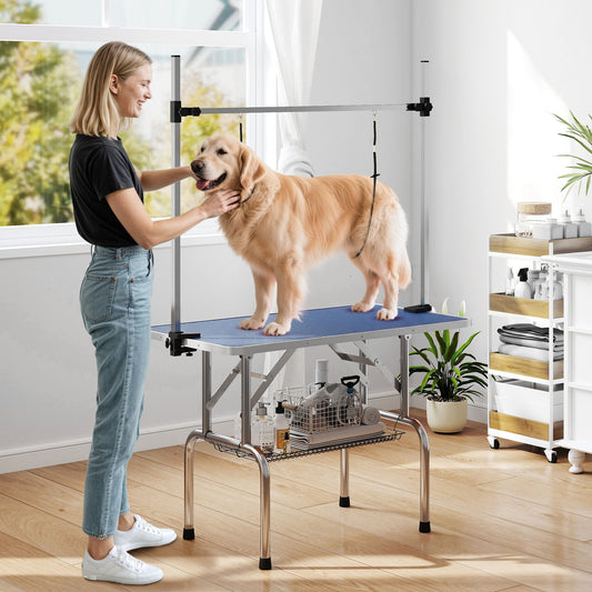 PawHut 42" Dog Grooming Table, Adjustable Pet Cat Drying Beauty Table with 2 Loops Storage Basket, Rubber Top, Blue