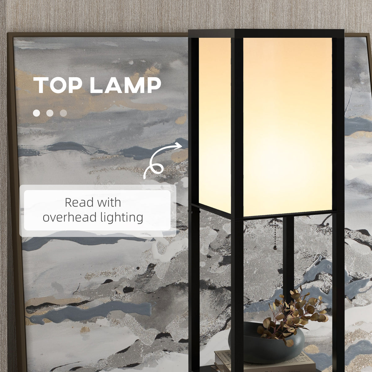 3-Tier Floor Lamp with Shelves and Storage, Modern Standing Lamp with Lampshade, Reading Light with Chain Switch for Living Room, Bedroom, Home Office, Bulb not Included, Black