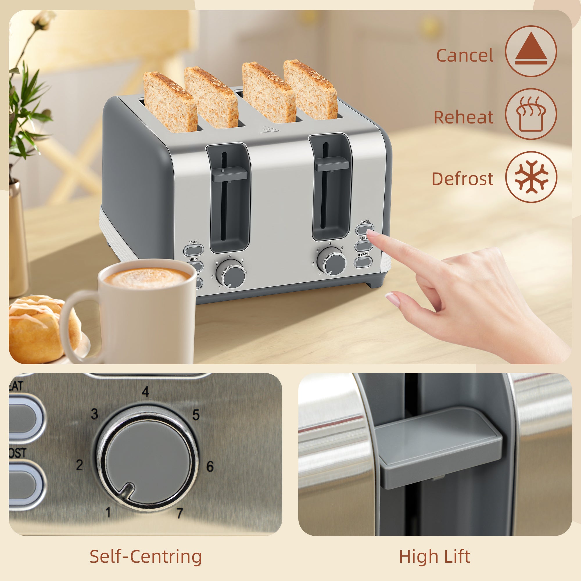 Stainless Steel Panel Kettle and Toaster Set - Grey