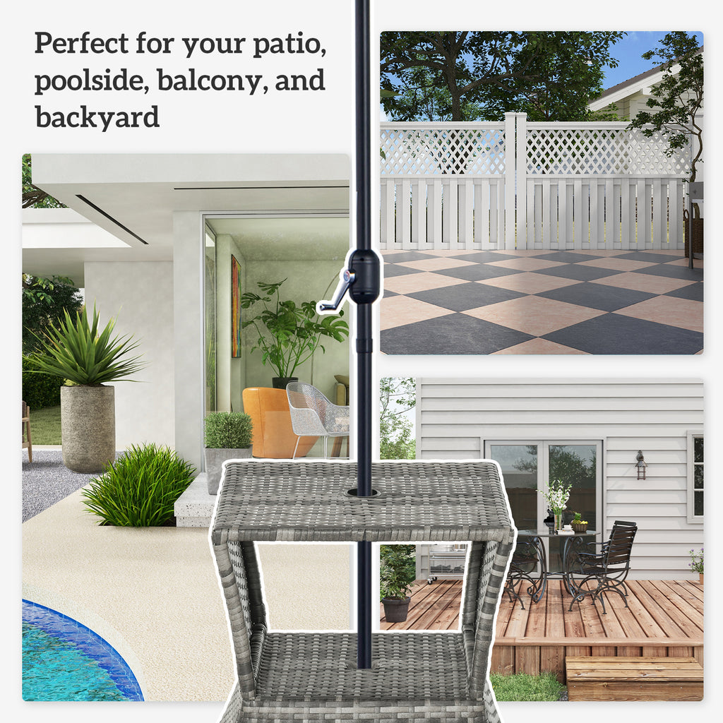 Outsunny Outdoor Patio Rattan Wicker Coffee Table Bistro Side Table w/ Umbrella Hole and Storage Space, Grey