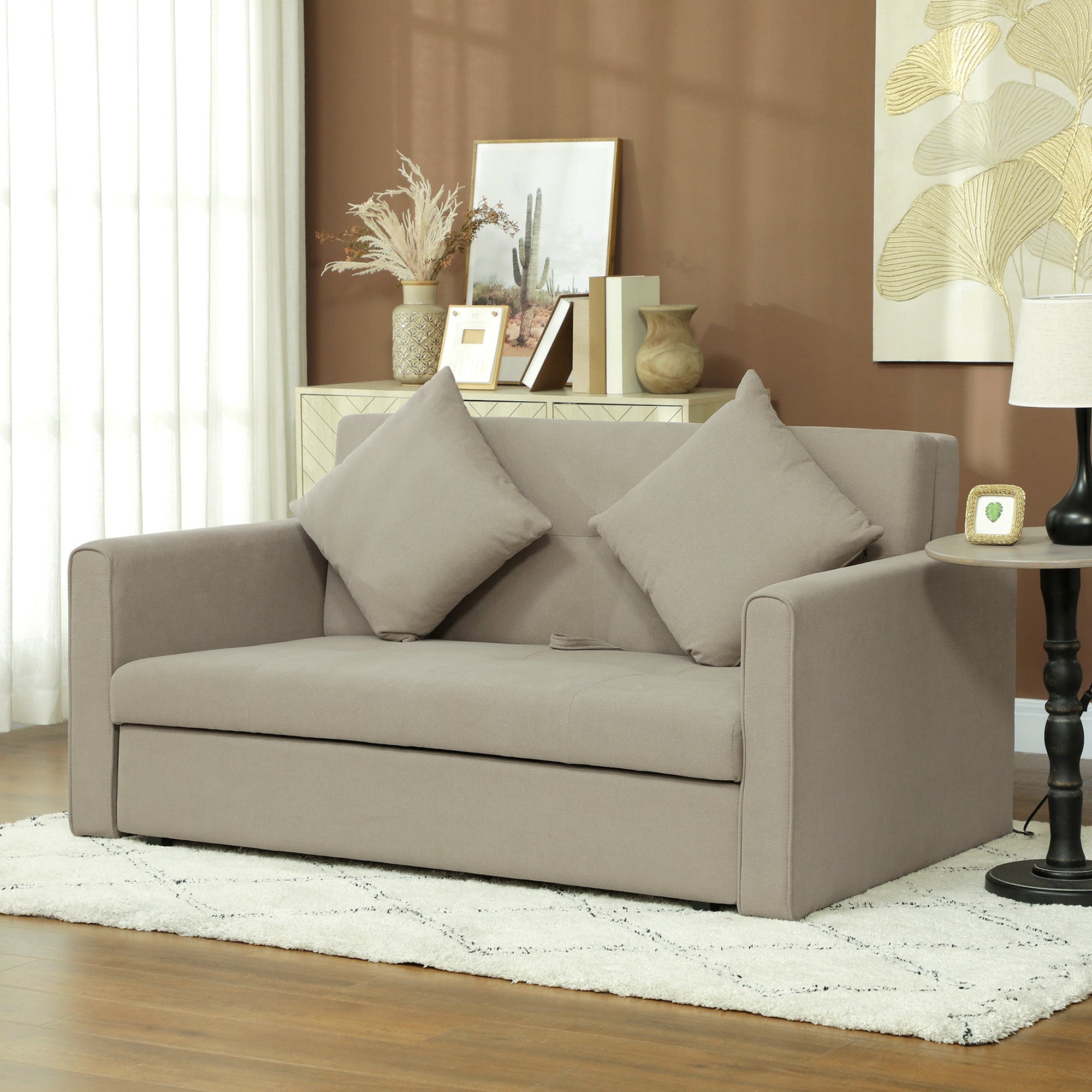 HOMCOM 2 Seater Sofa Bed with Hidden Storage, Pull Out Convertible Bed Settee, Modern Snow Flannel Loveseat Sofa Sleeper with 2 Cushions for Living Room, Guest Room, Light Brown