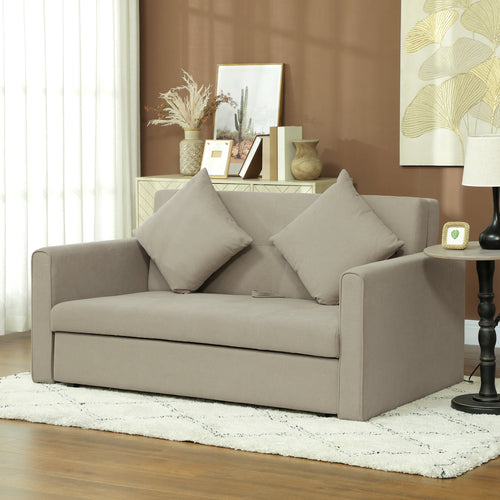 2 Seater Sofa Bed with Hidden Storage, Pull Out Convertible Bed Settee, Modern Snow Flannel Loveseat Sofa Sleeper with 2 Cushions for Living Room, Guest Room, Light Brown
