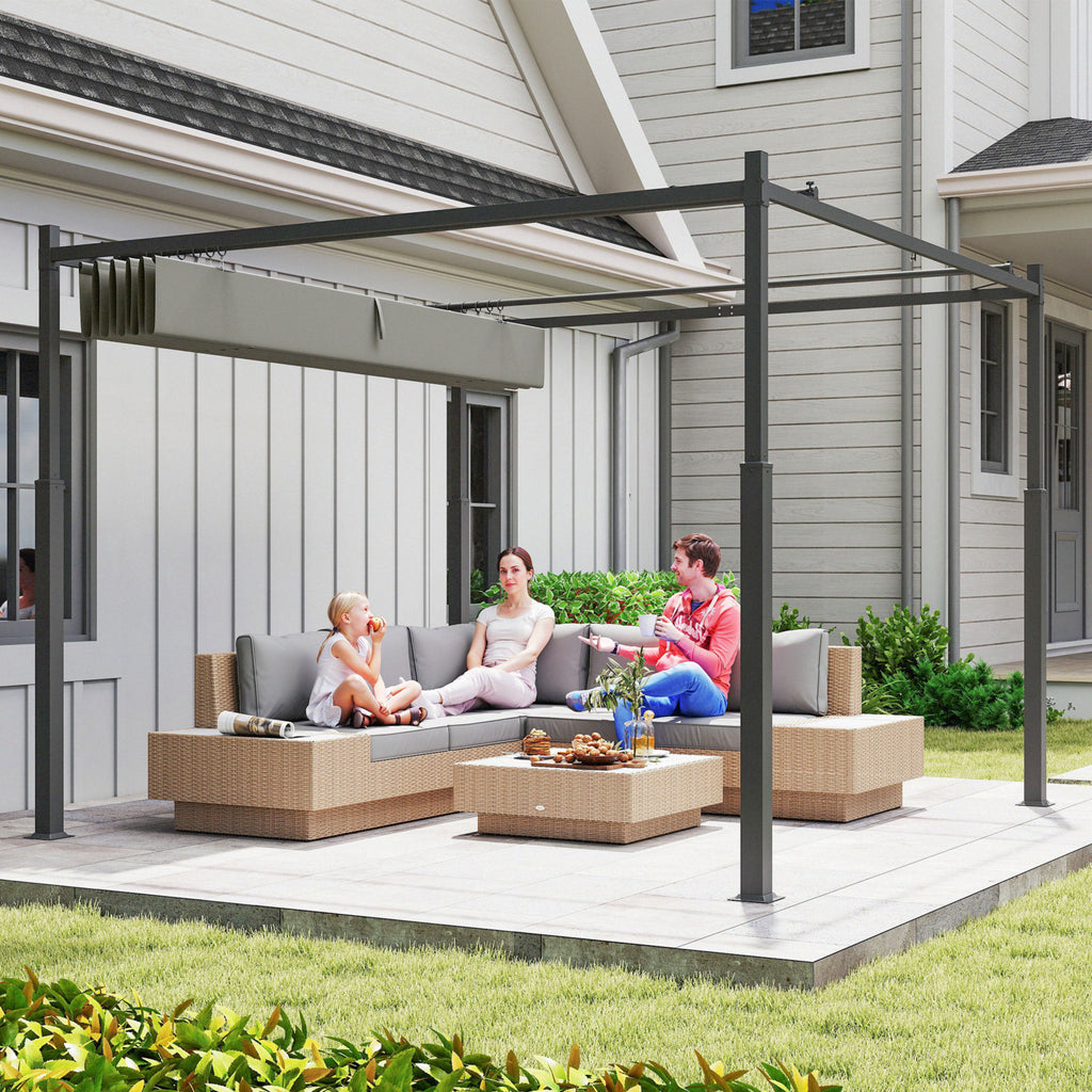 Outsunny 3 x 3(m) Metal Pergola with Retractable Roof and Magnetic Fixture, Outdoor Gazebo Garden Pergola Kit Sun Shade Canopy, UPF30+, 80mm Metal Column, Grey