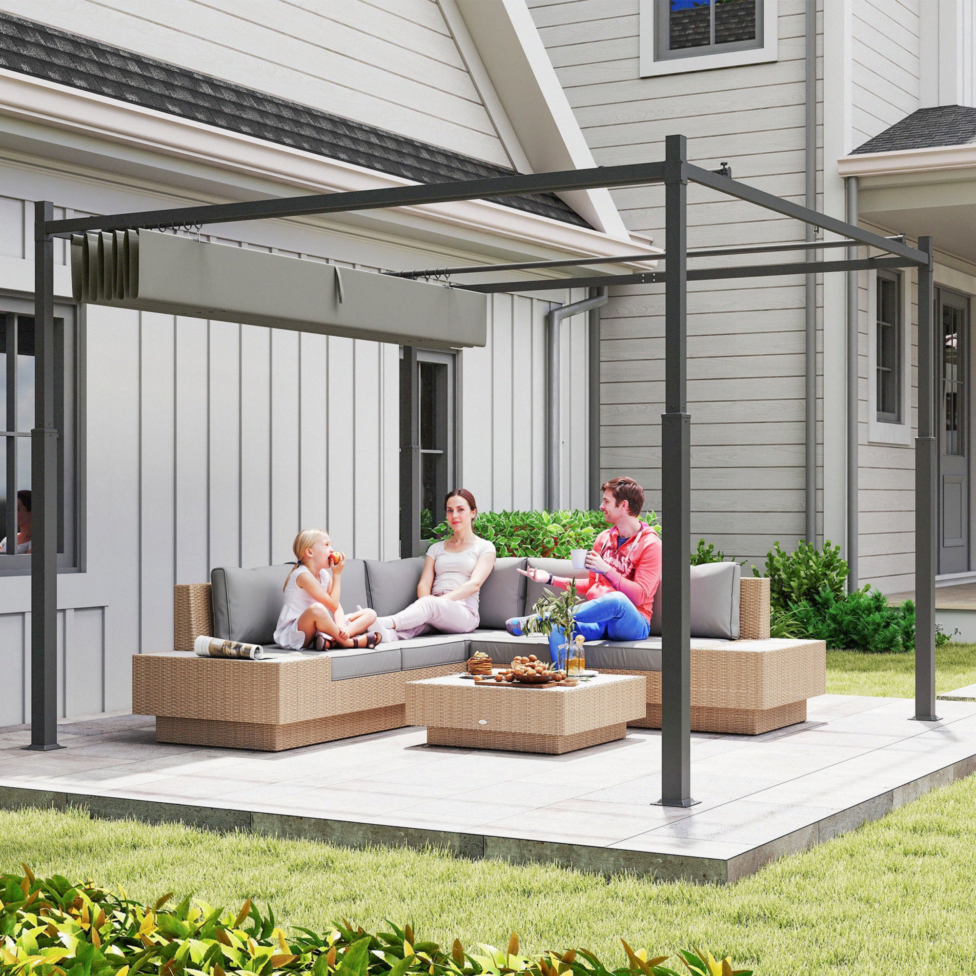 Outsunny 3 x 3(m) Metal Pergola with Retractable Roof and Magnetic Fixture, Outdoor Gazebo Garden Pergola Kit Sun Shade Canopy, UPF30+, 80mm Metal Column, Grey