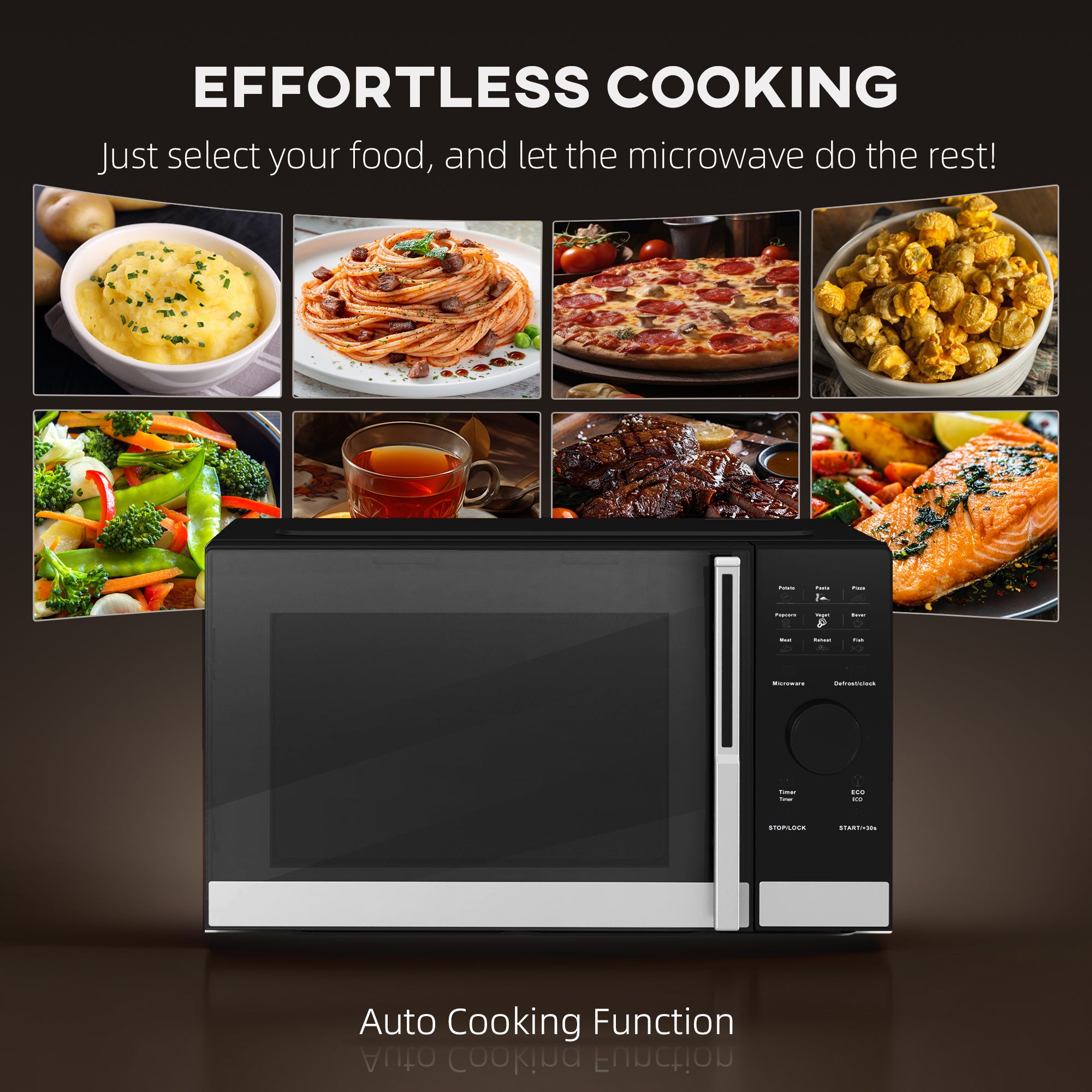 23L 800W Microwave Oven, Digital Solo Microwave with 10 Power Levels, Automatic Defrost, 8 Auto Cook Menus, 60 Minutes Timer, Clock, Easy Clean, Small Black Microwave