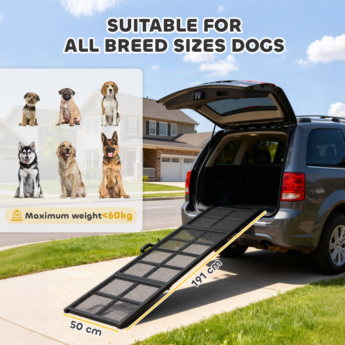 PawHut 191 x 50cm Dog Ramp for Car, Extra Long Pet Stairs with Non-Slip Surface, for Large Dogs, Black