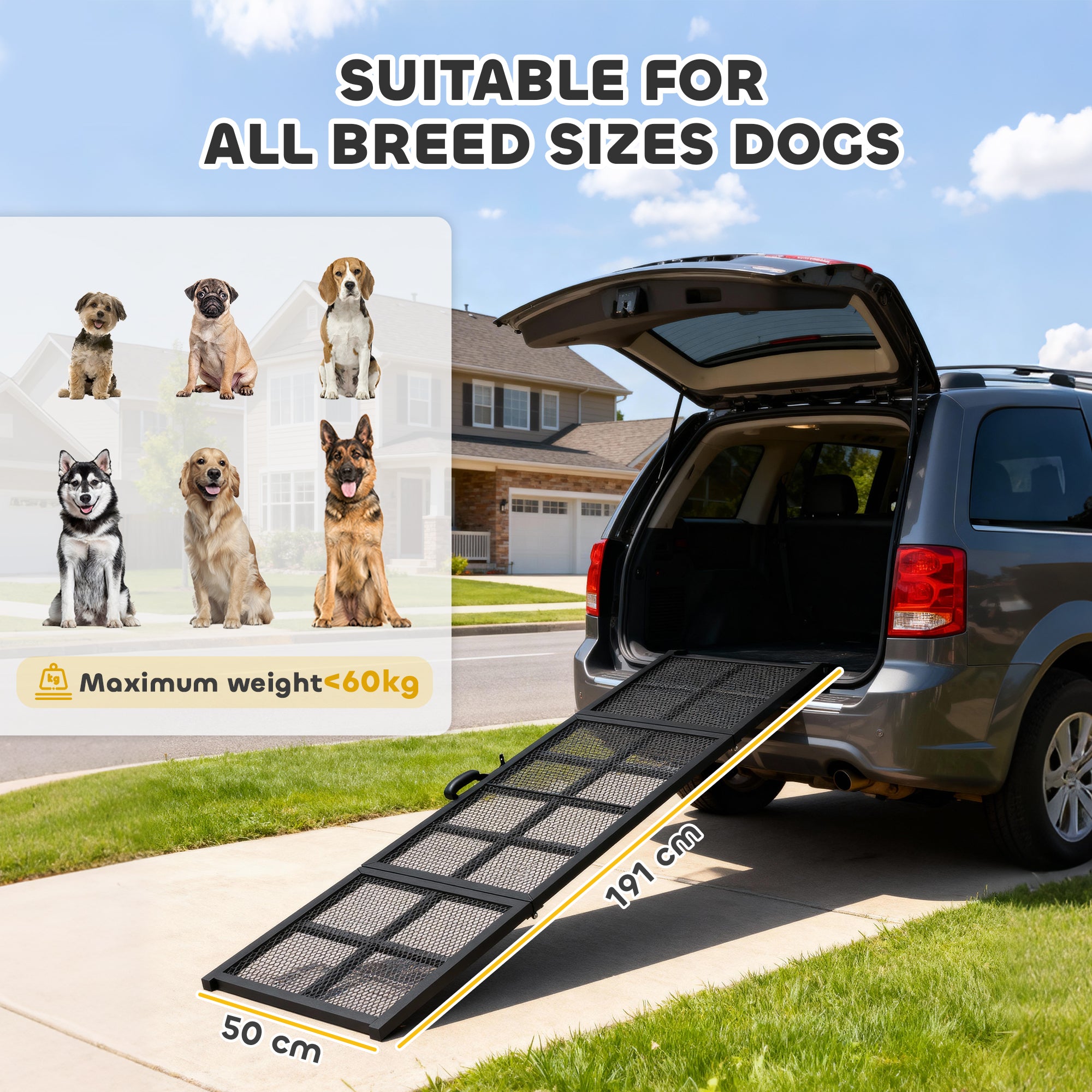 PawHut 191 x 50cm Dog Ramp for Car, Extra Long Pet Stairs with Non-Slip Surface, for Large Dogs, Black