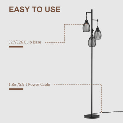 3-Light Floor Lamp, 170cm Industrial Dimmable Standing Lamp with Steel Wire Cage Lampshades for Living Room, Bedroom, Dining Room, Study, Bulb Not Included, Black