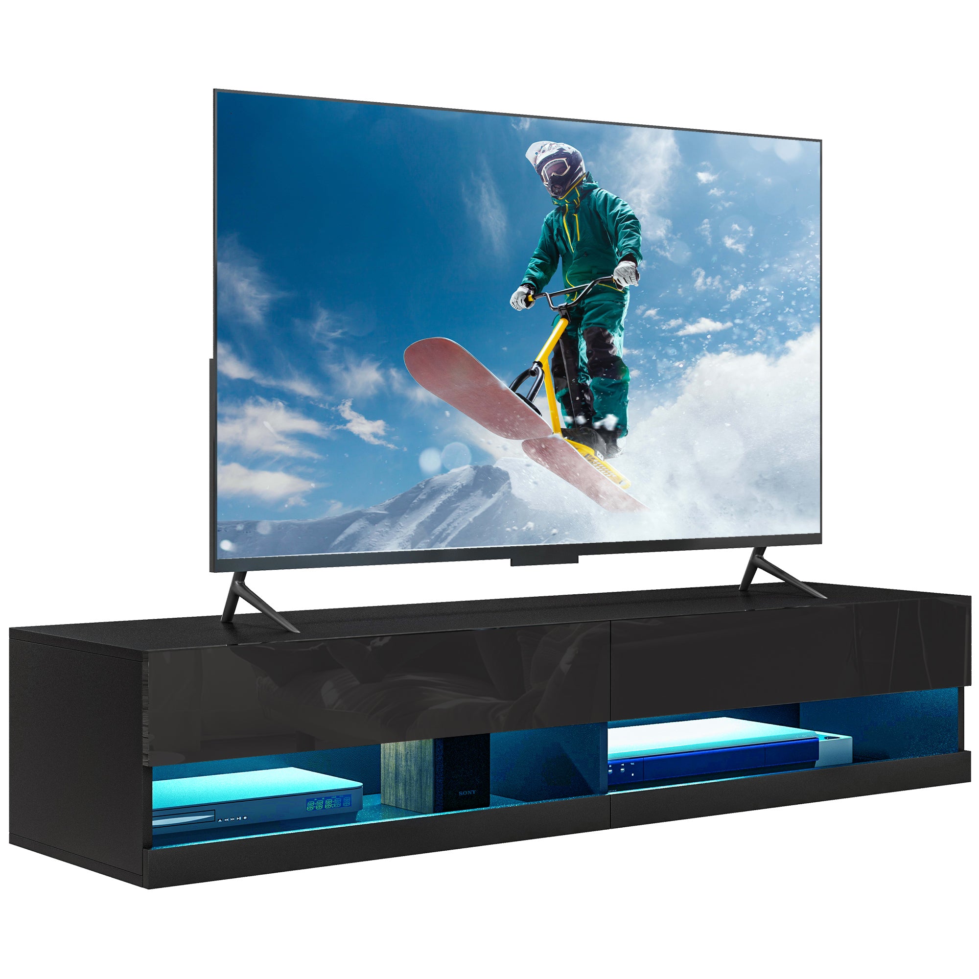 Floating TV Unit, Wall Mounted TV Cabinet for TVs up to 65", High Gloss Media Wall Unit with LED Lights, Storage Shelves, APP Control for Living Entertainment Room, Black