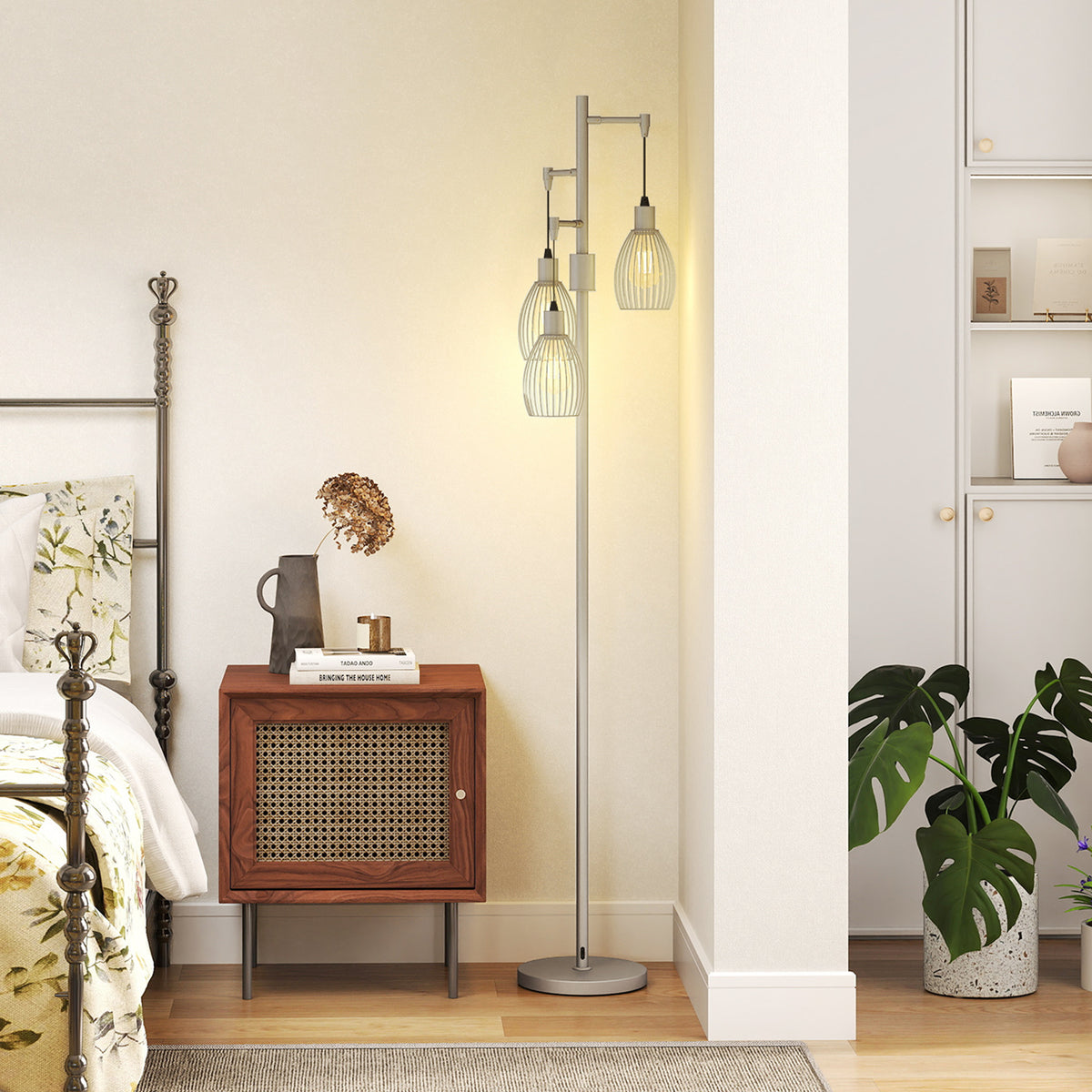 3-Light Floor Lamp, 170cm Industrial Dimmable Standing Lamp with Steel Wire Cage Lampshades for Living Room, Bedroom, Dining Room, Study, Bulb Not Included, Silver Tone