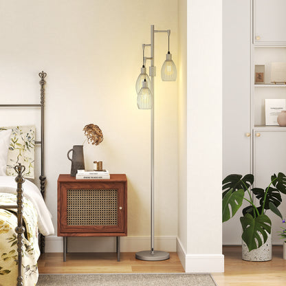 3-Light Floor Lamp, 170cm Industrial Dimmable Standing Lamp with Steel Wire Cage Lampshades for Living Room, Bedroom, Dining Room, Study, Bulb Not Included, Silver Tone