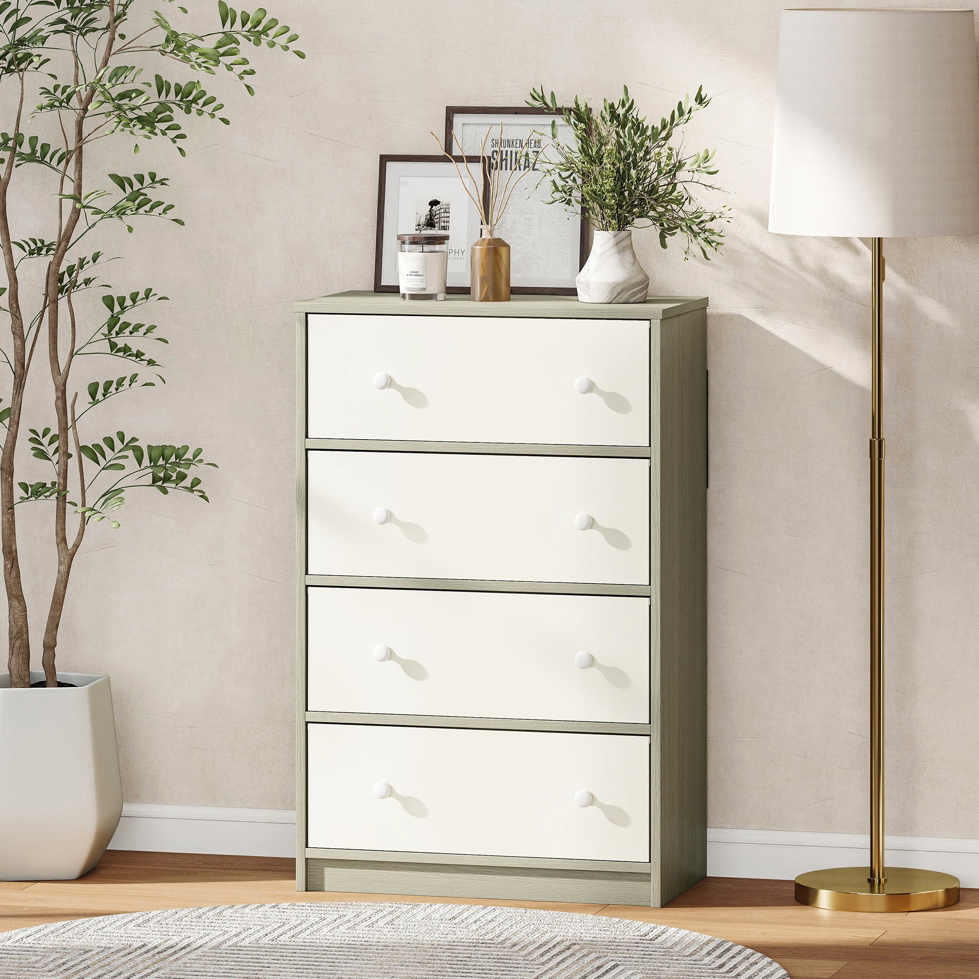 HOMCOM Chest of Drawers, Dresser with 4 Fabric Drawers - White and Grey