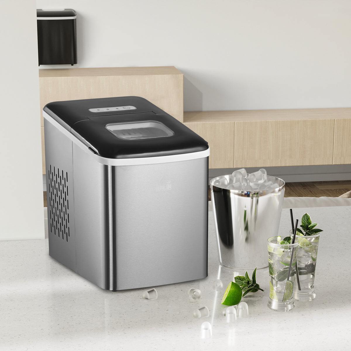 Ice Maker Machine Countertop, 9 Ice Cubes in 8 Mins, 12KG in 24Hrs, Self-Cleaning Portable Ice Cube Maker w/ Adjustable Ice Size, Ice Scoop, Basket, Stainless Steel, No Plumbing Required, Black