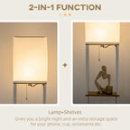 Modern Metal Floor Lamp with Shelves, 3 Layer Shelf Tall Standing Lamp with Fabric Lampshade, Pull Chain Switch for Living Room, Bedroom, Bulb not Included, White