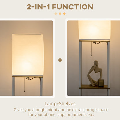 Modern Metal Floor Lamp with Shelves, 3 Layer Shelf Tall Standing Lamp with Fabric Lampshade, Pull Chain Switch for Living Room, Bedroom, Bulb not Included, White