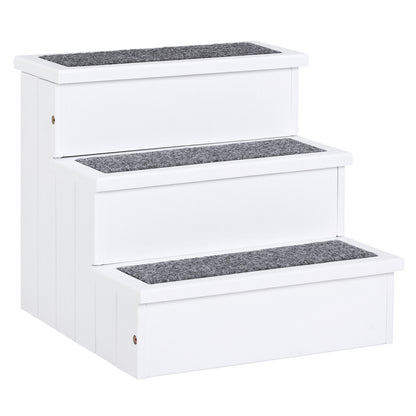 PawHut Dog Steps for Bed Sofa, 3 Step Wooden Dog Stairs for Sofa, Pet Stairs with Storage for Small Cats and Puppy, White
