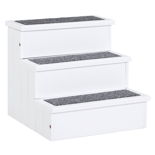 PawHut Dog Steps for Bed Sofa, 3 Step Wooden Dog Stairs for Sofa, Pet Stairs with Storage for Small Cats and Puppy, White