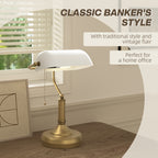 Banker's Desk Lamp with Antique Bronze Tone Base, Table Lamp with White Glass Shade for Home Office, White