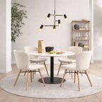 Codey Round Dining Table with White Polished Marble Top & Black Base includes 4 Matilda Dining Chairs in Cream/Oak