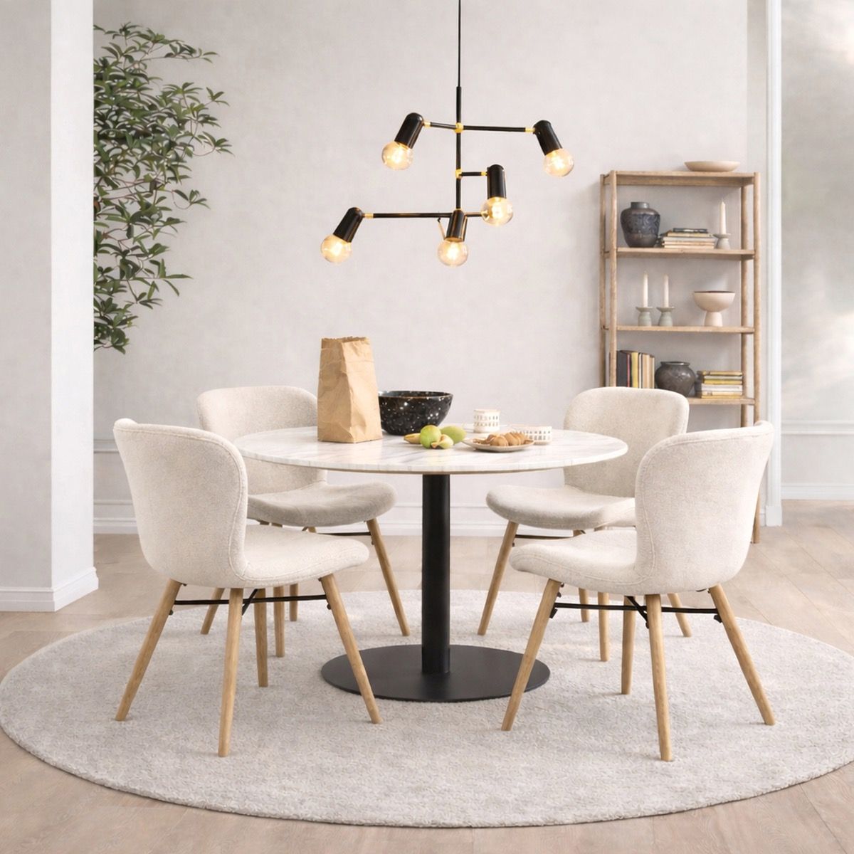 Codey Round Dining Table with White Polished Marble Top & Black Base includes 4 Matilda Dining Chairs in Cream/Oak
