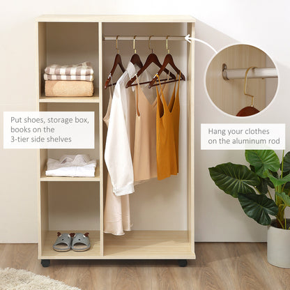 Open Wardrobe on Wheels, Bedroom Wardrobe with Clothes Hanging Rail, 3 Storage Shelves, Mobile Garment Rack for Cloakroom, Hallway, Maple Wood-Effect